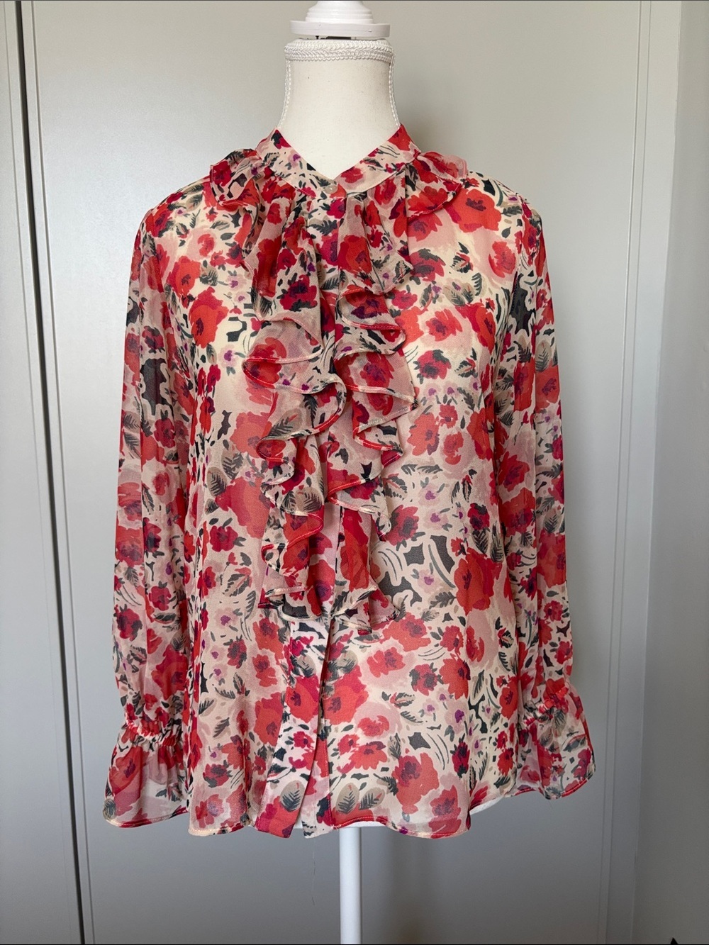 Misa Los Angeles Red and Cream Sheer Floral Ruffle Blouse